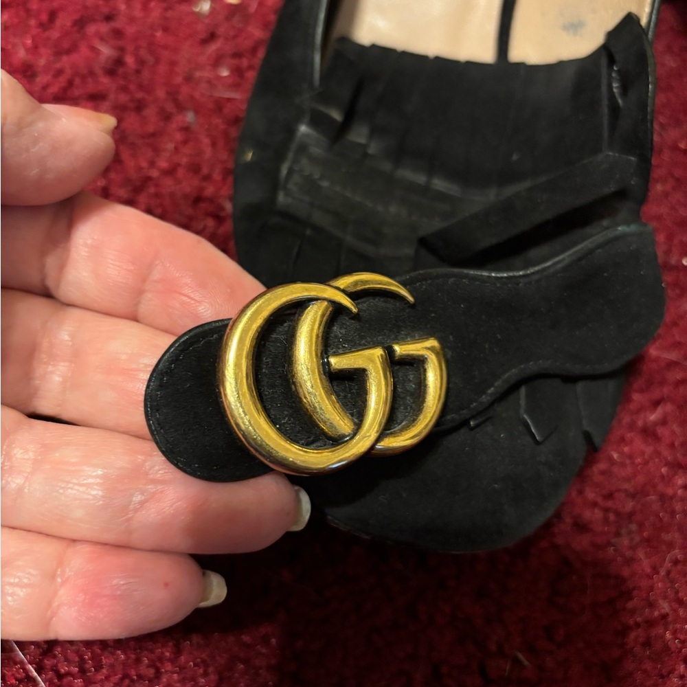 GUCCI MARMONT SZ 39 BLUE SUEDE SHOES NEEDS REPAIR GUC HEELS FRINGE GOLD GG - Picture 2 of 7